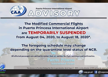 Modified Commercial Flights sa Puerto Princesa International Airport, suspendido ng dalawang linggo