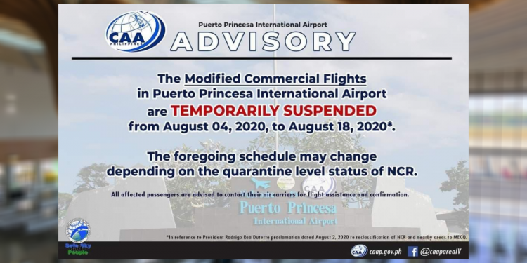 Modified Commercial Flights sa Puerto Princesa International Airport, suspendido ng dalawang linggo