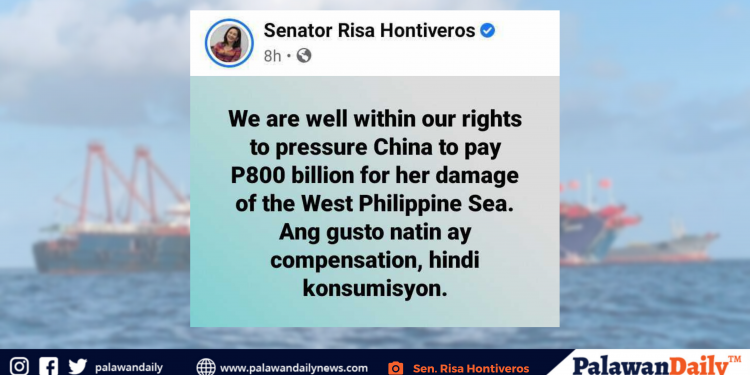Sen. Hontiveros, kinakalampag ang China na bayaran ang P800-B damage sa WPS