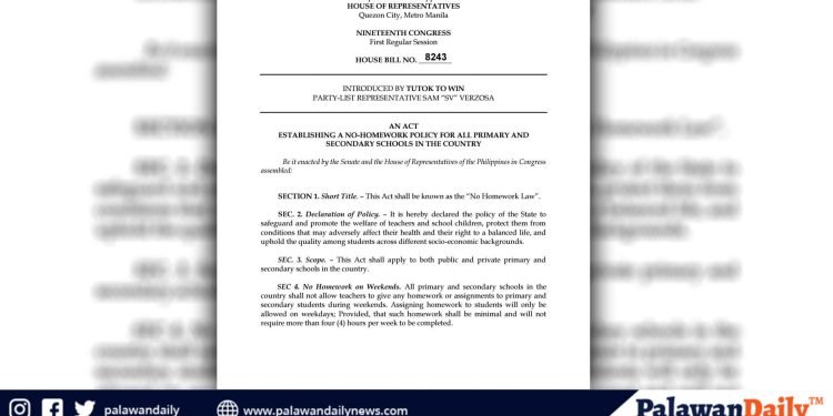 In a bid to promote the well-being and balanced development of young students, Representative Sam Versoza has filed House Bill 8243, colloquially known as the "No Homework Law," which aims to ban the assigning of homework to elementary and high school students on weekends, providing them with much-needed respite and an opportunity to engage in non-academic activities.