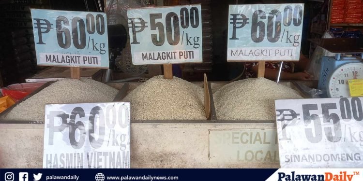 A photo of rice retail prices from a local store in Puerto Princesa.