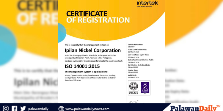 Ipilan Nickel Corporation re-certified to ISO 1400:2025 Environmental Management Standard